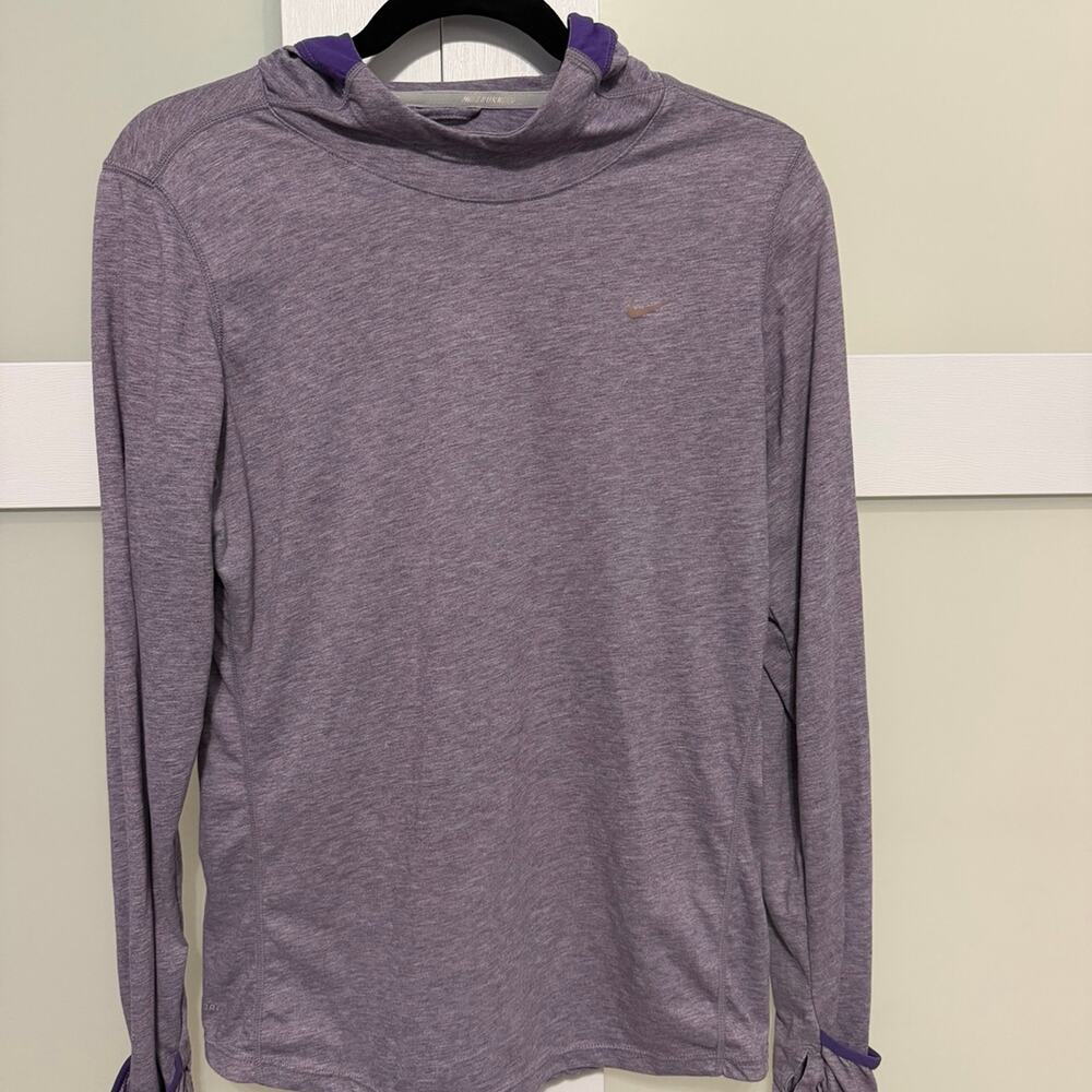 Nike Dri-FIT Women’s Large Purple Heather Hooded Athletic Running Top Thumbholes